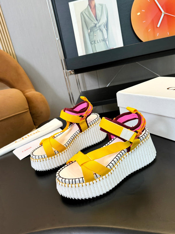 CHLOÉ NAMA WEDGE SANDALS IN BRIGHT YELLOW FABRIC AND WHITE RUBBER