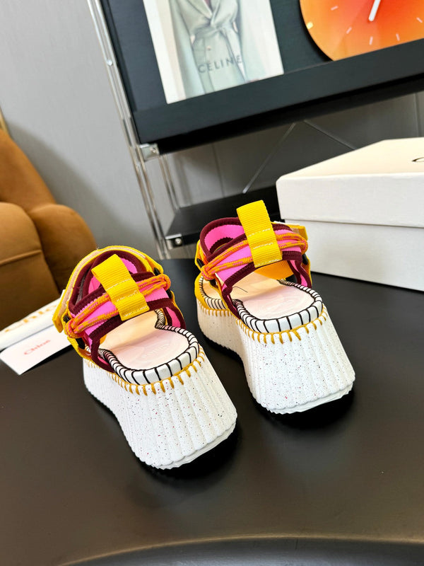 CHLOÉ NAMA WEDGE SANDALS IN BRIGHT YELLOW FABRIC AND WHITE RUBBER