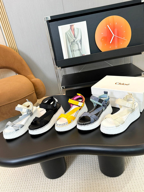 CHLOÉ NAMA WEDGE SANDALS IN GREY FABRIC AND WHITE RUBBER