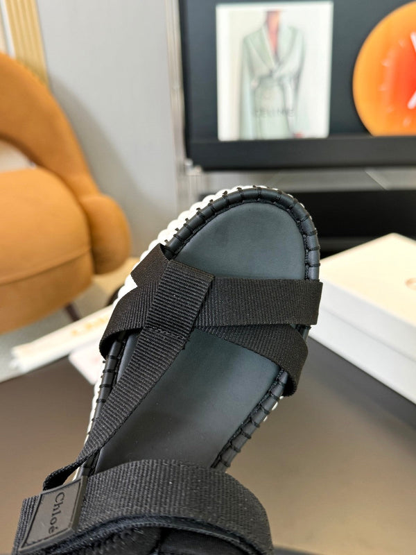 CHLOÉ NAMA WEDGE SANDALS IN BLACK FABRIC AND WHITE RUBBER