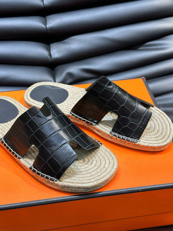 HM ANTIGUA ESPADRILLE SANDAL BLACK CALFSKIN WITH CROCODILE MOTIF