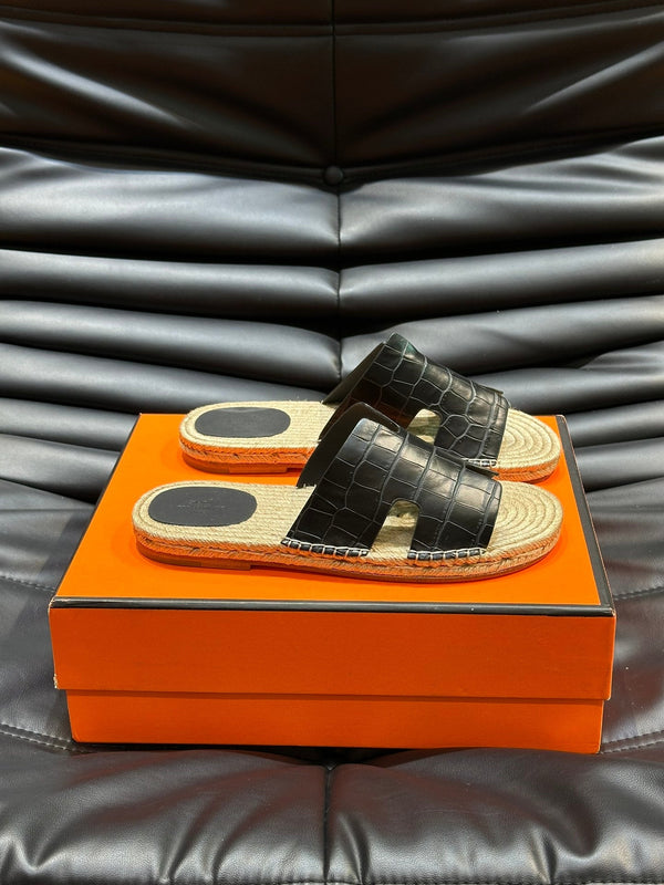 HM ANTIGUA ESPADRILLE SANDAL BLACK CALFSKIN WITH CROCODILE MOTIF