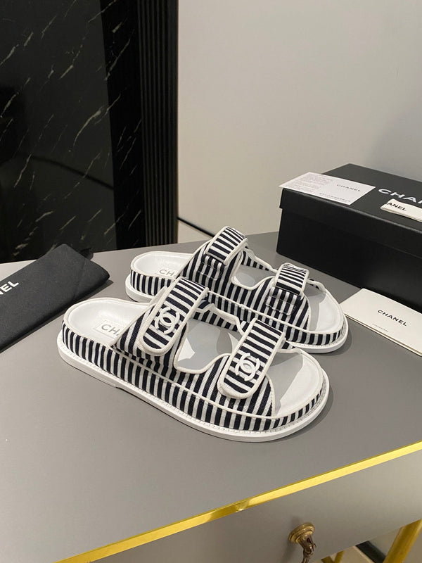 dad sandal mule striped black white fabric calfskin