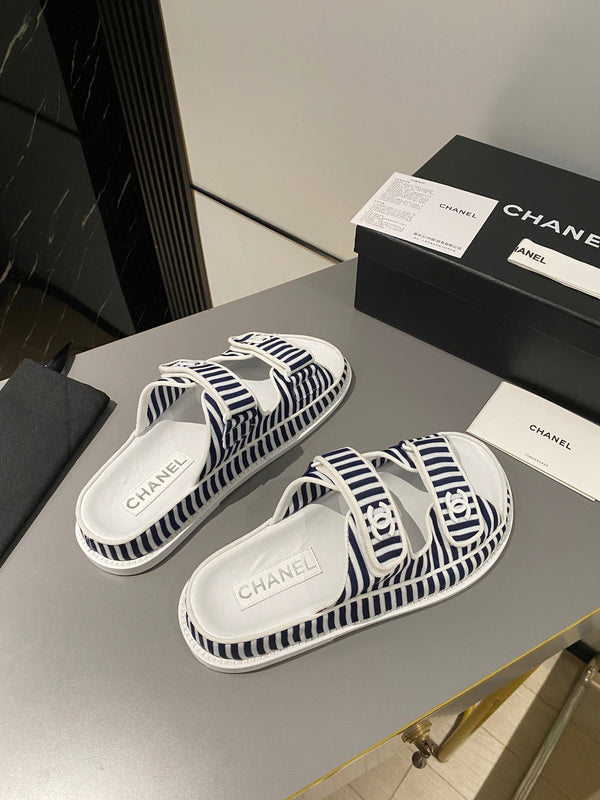 dad sandal mule striped dark blue white fabric calfskin