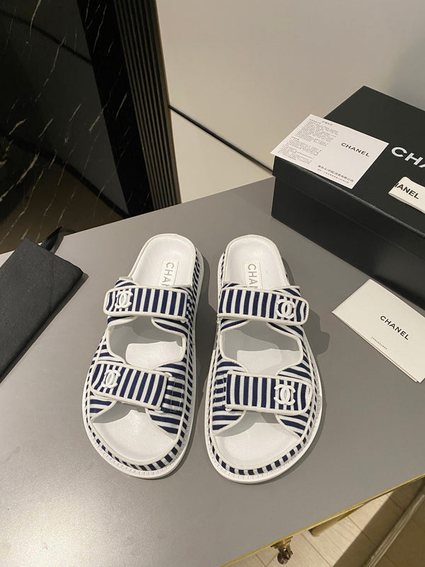 dad sandal mule striped dark blue white fabric calfskin