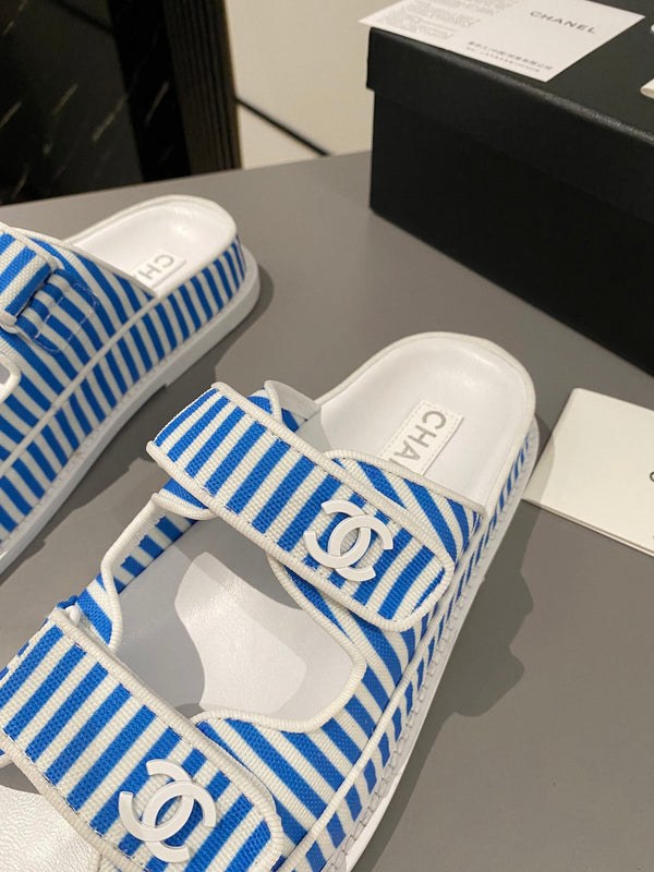 dad sandal mule striped ocean blue white fabric calfskin