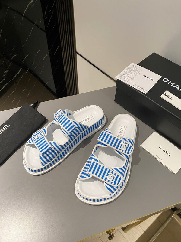 dad sandal mule striped ocean blue white fabric calfskin