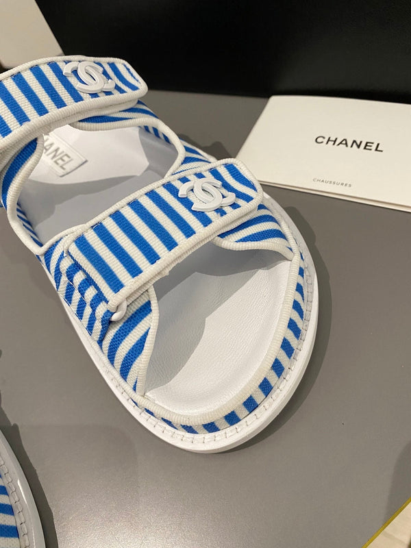 dad sandal mule striped ocean blue white fabric calfskin