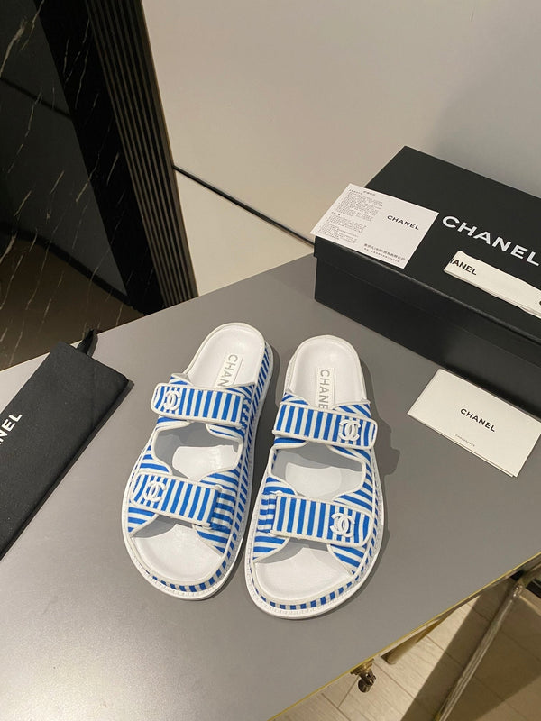 dad sandal mule striped ocean blue white fabric calfskin