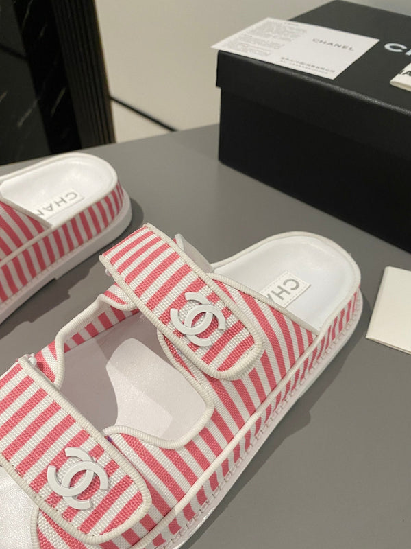 dad sandal mule striped pink white fabric calfskin