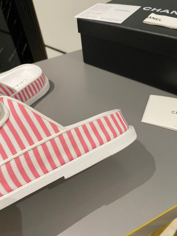 dad sandal mule striped pink white fabric calfskin