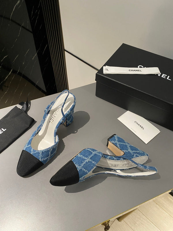 CC Slingback 95mm Dark Blue Tassel Denim Fabric