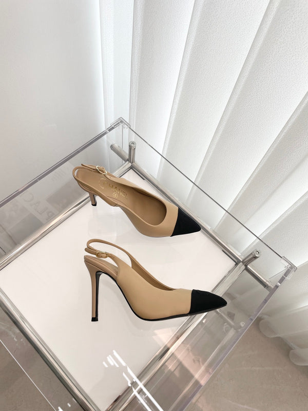 CC Slingback 95mm Beige Agnello e Tessuto Denim