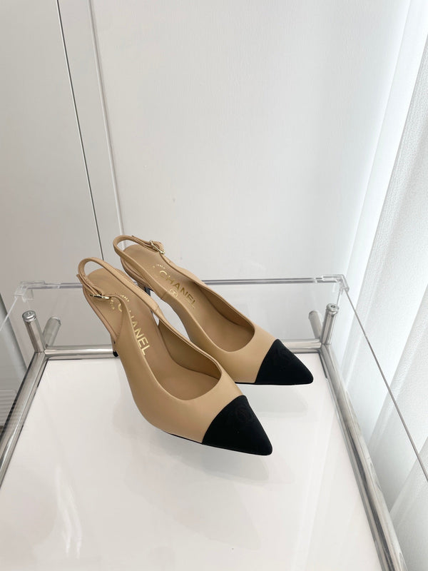 CC Slingback 95mm Beige Agnello e Tessuto Denim