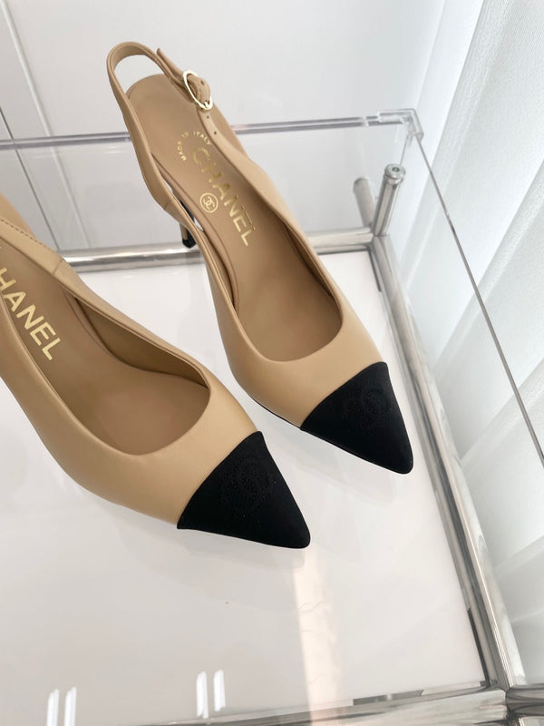 CC Slingback 95mm Beige Agnello e Tessuto Denim