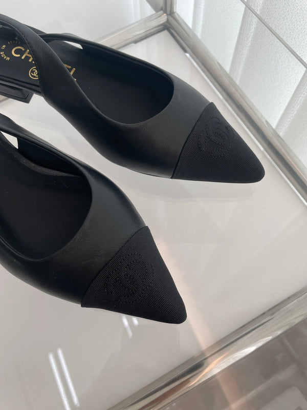 CC Slingback 15mm in pelle di agnello nera e tessuto denim