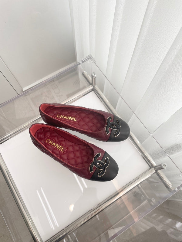 CC Ballet Flats 10mm Burgundy Black Quilted Lambskin