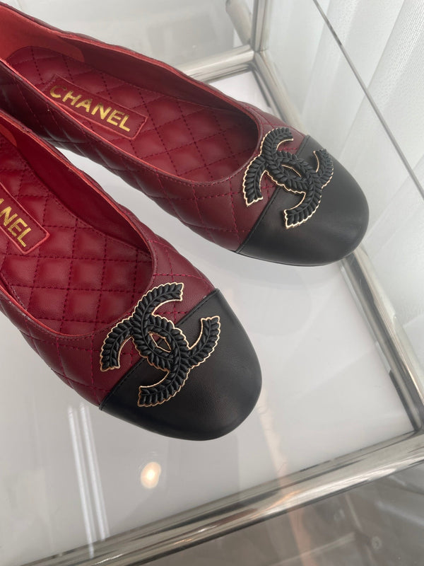 CC Ballet Flats 10mm Burgundy Black Quilted Lambskin