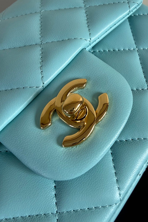 CC Flap Bag 17cm Light Blue Sheepskin GHW 284835