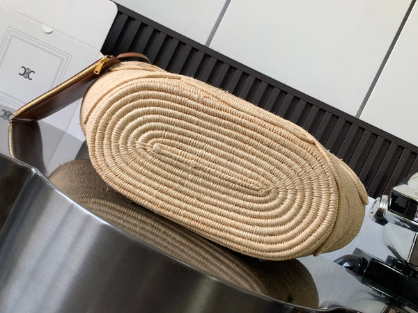 Celine Classic Panier 47cm Braieded Triomphe Beige Raffia Brown Calfskin