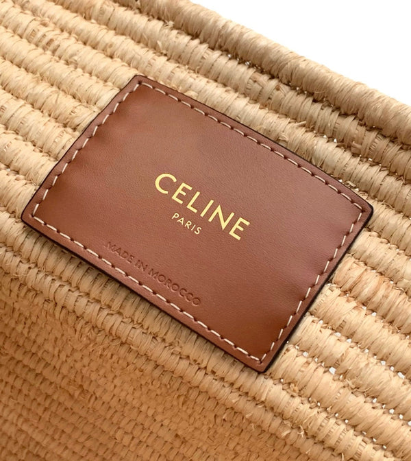 Celine Classic Panier 47cm Braieded Triomphe Beige Raffia Brown Calfskin