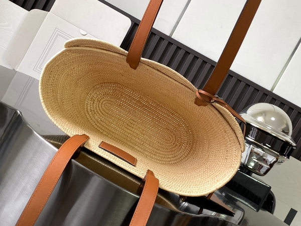 Celine Classic Panier 36cm Braieded Triomphe Beige Raffia Brown Calfskin