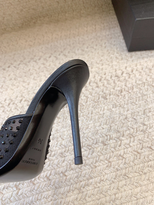 LA 16 HEELED MULES ATTACHED RHINESTONES IN BLACK MESH
