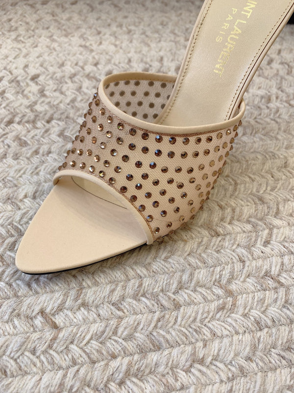 LA 16 HEELED MULES ATTACHED RHINESTONES IN CREAM MESH