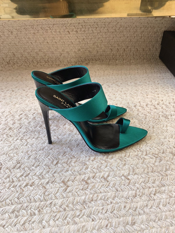 MARTHA POINTED OPEN-TOE HIGH MULES IN TEAL GREEN SILK