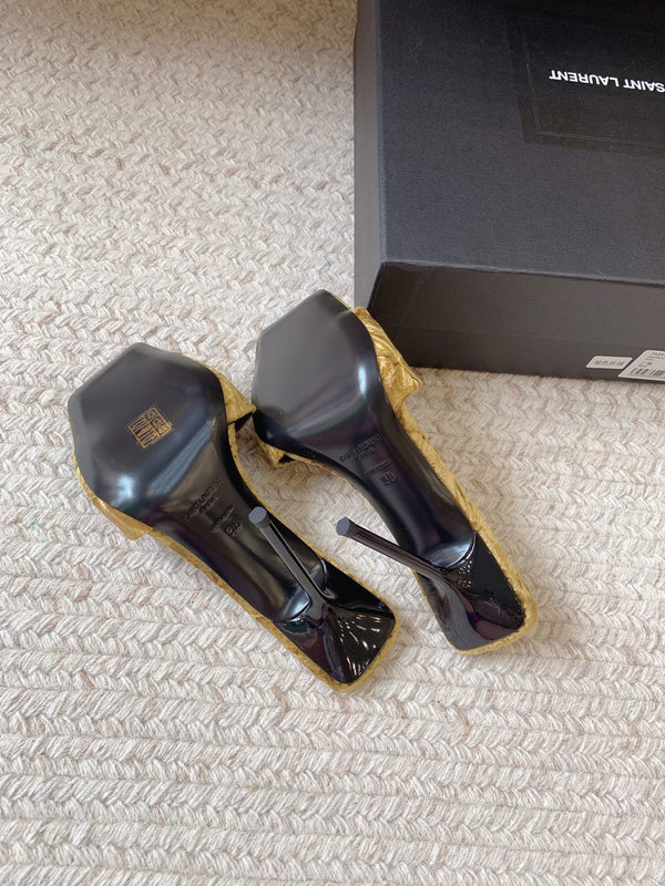 HIGH HEEL SLIDES IN SAND YELLOW VELVET