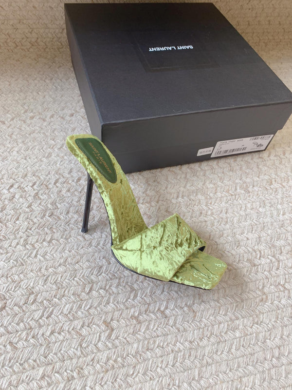HIGH HEEL SLIDES IN TEA GREEN VELVET