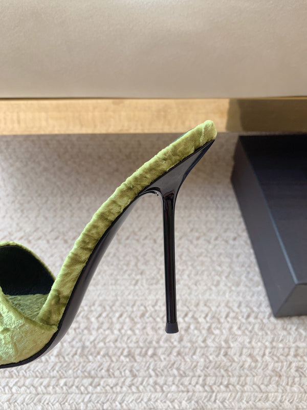 HIGH HEEL SLIDES IN TEA GREEN VELVET