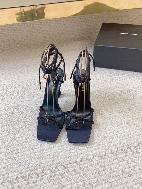 LIZA SANDALS IN BLACK SILK WITH CRYSTALS