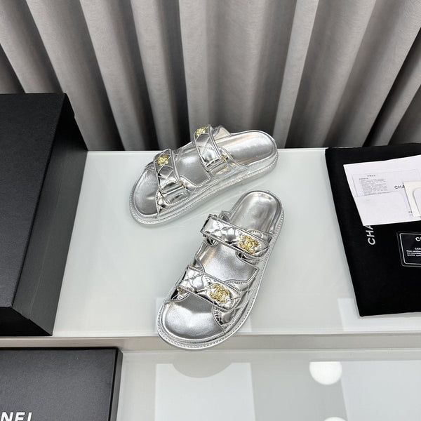 dad sandals silver metalic lambskin mules