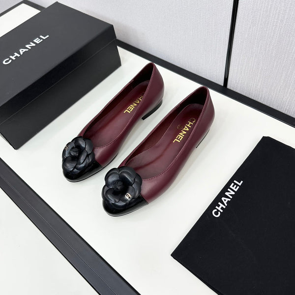 ballet flat flower burgundy calfskin black patent calfskin