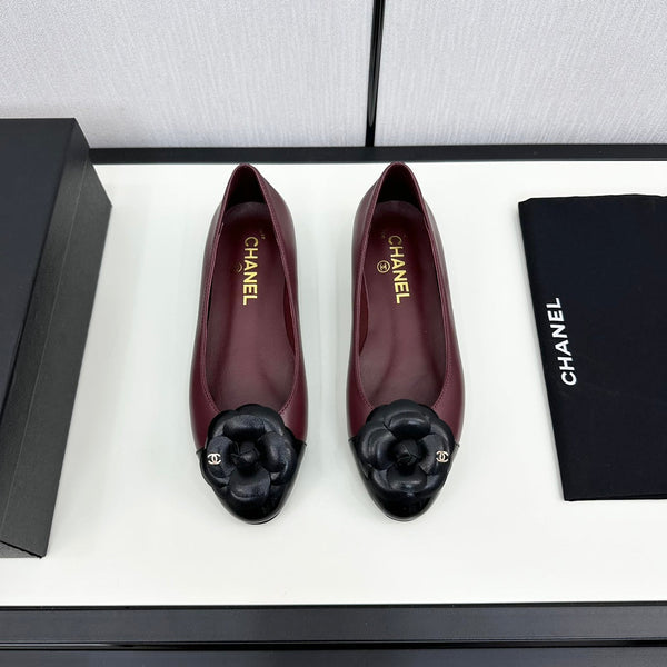 ballet flat flower burgundy calfskin black patent calfskin