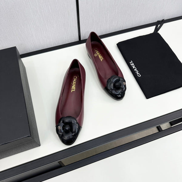 ballet flat flower burgundy calfskin black patent calfskin