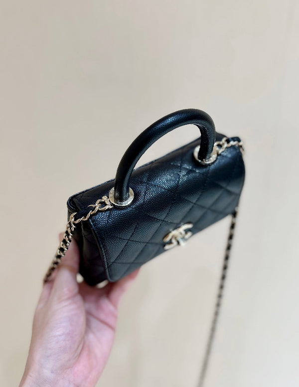 CC 24K Coco Hanle Nano 18cm Black Grained Calfskin Gold Hardware