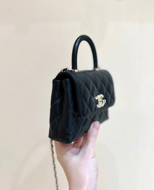 CC 24K Coco Hanle Nano 18cm Black Grained Calfskin Gold Hardware