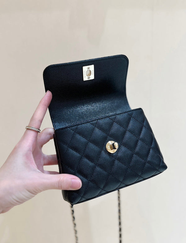 CC 24K Coco Hanle Nano 18cm Black Grained Calfskin Gold Hardware
