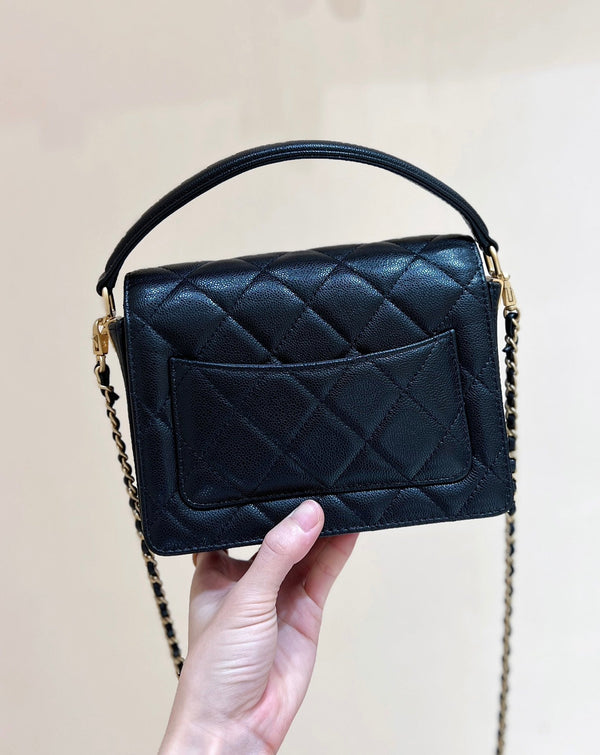 Chanel 24K Handle Flap Bag Black Calfskin Leather