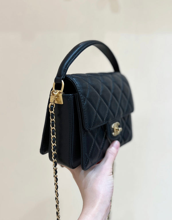 Chanel 24K Handle Flap Bag Black Calfskin Leather