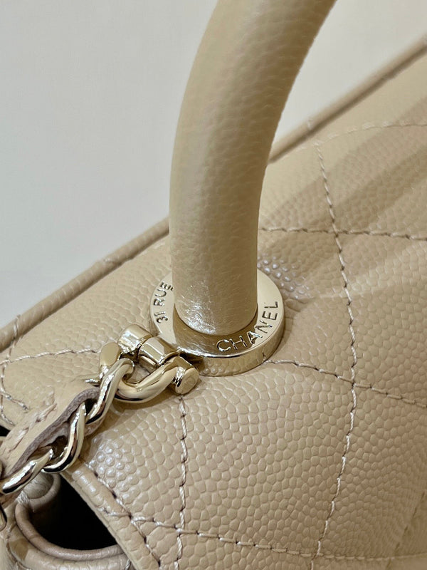 CC 24K Coco Hanle Nano 18cm Beige Grained Calfskin Gold Hardware