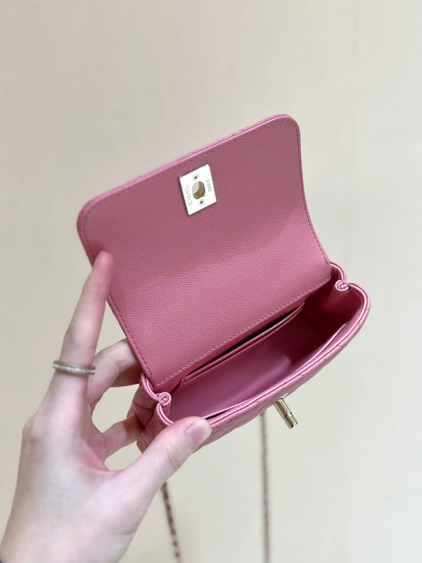 CC 24K Coco Hanle Nano 18cm Pink Grained Calfskin Gold Hardware