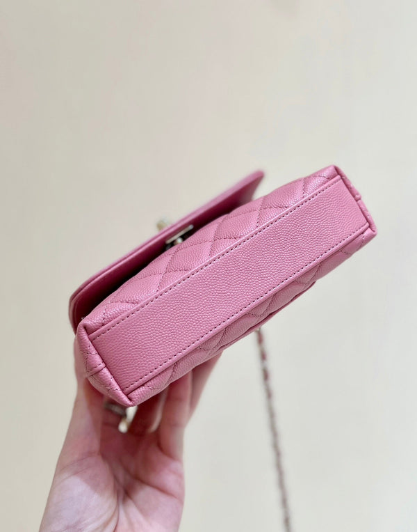 CC 24K Coco Hanle Nano 18cm Pink Grained Calfskin Gold Hardware