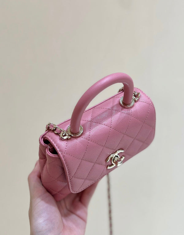 CC 24K Coco Hanle Nano 18cm Pink Grained Calfskin Gold Hardware