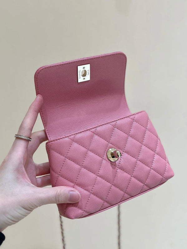 CC 24K Coco Hanle Nano 18cm Pink Grained Calfskin Gold Hardware