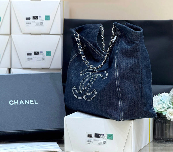 CC Vintage Cabas Tote 48cm Blue Denim
