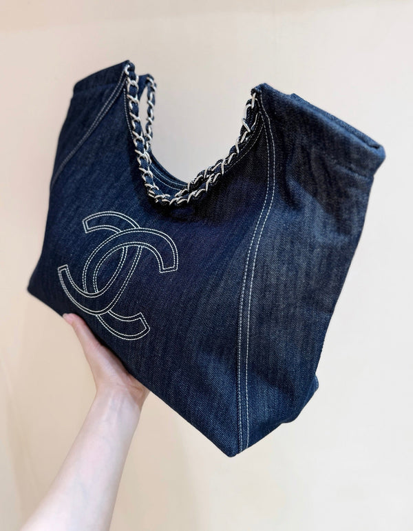 CC Vintage Cabas Tote 48cm Blue Denim