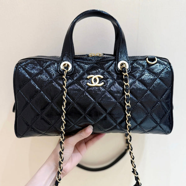 CC 25s Maxi Bowling Bag 31cm Black Patent Crumpled Calfskin